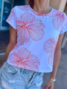 Cropped t-shirt-red hibiscus/赤ハイビスカスTシャツ