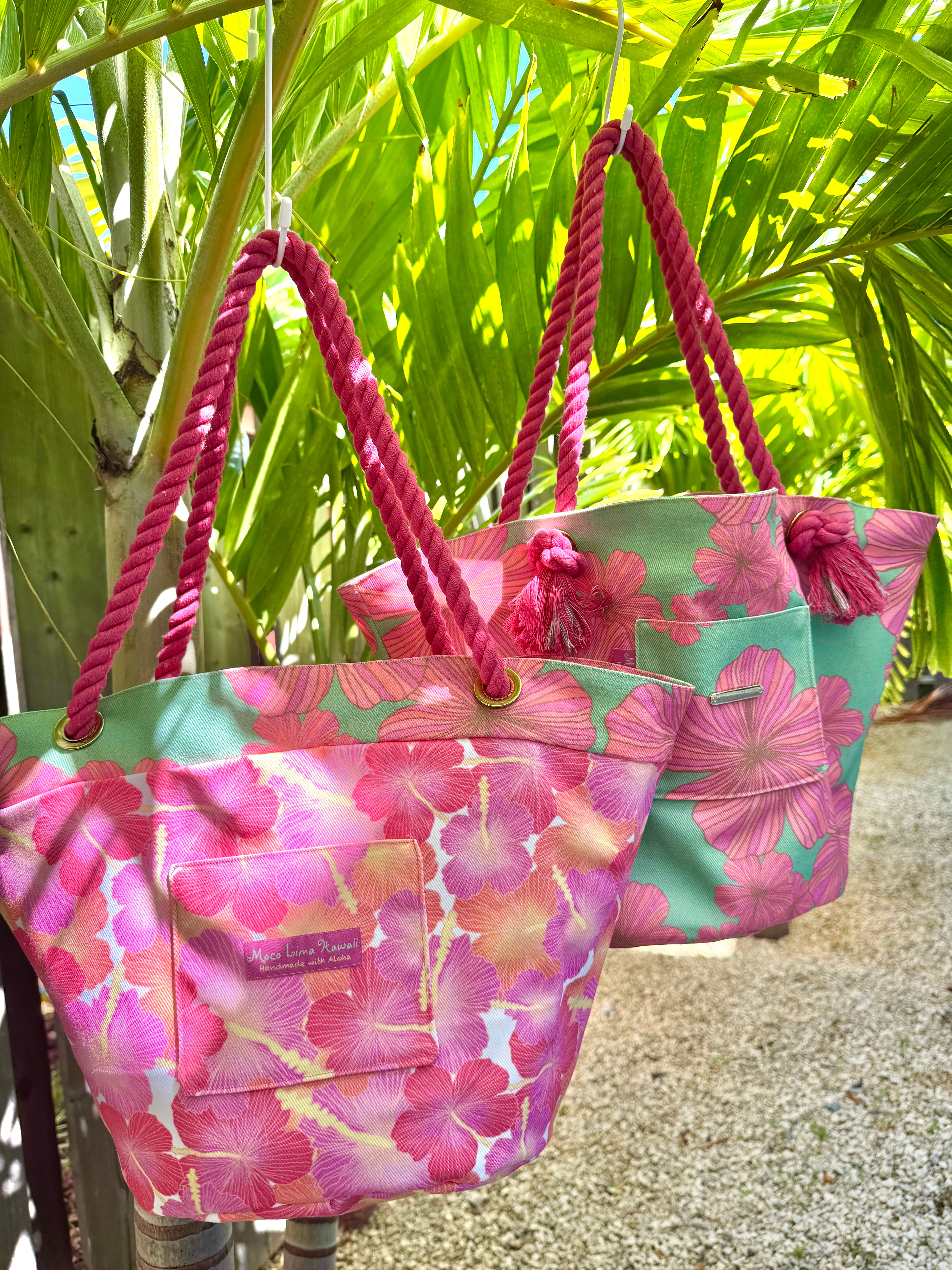 Reversible tote- Pink hibiscus/ リバーシブルトートピンク ハイビスカス