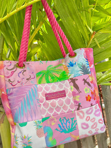 Mix tote bag PINK ALOHA with bag keychain/ ミックストートピンクアロハ