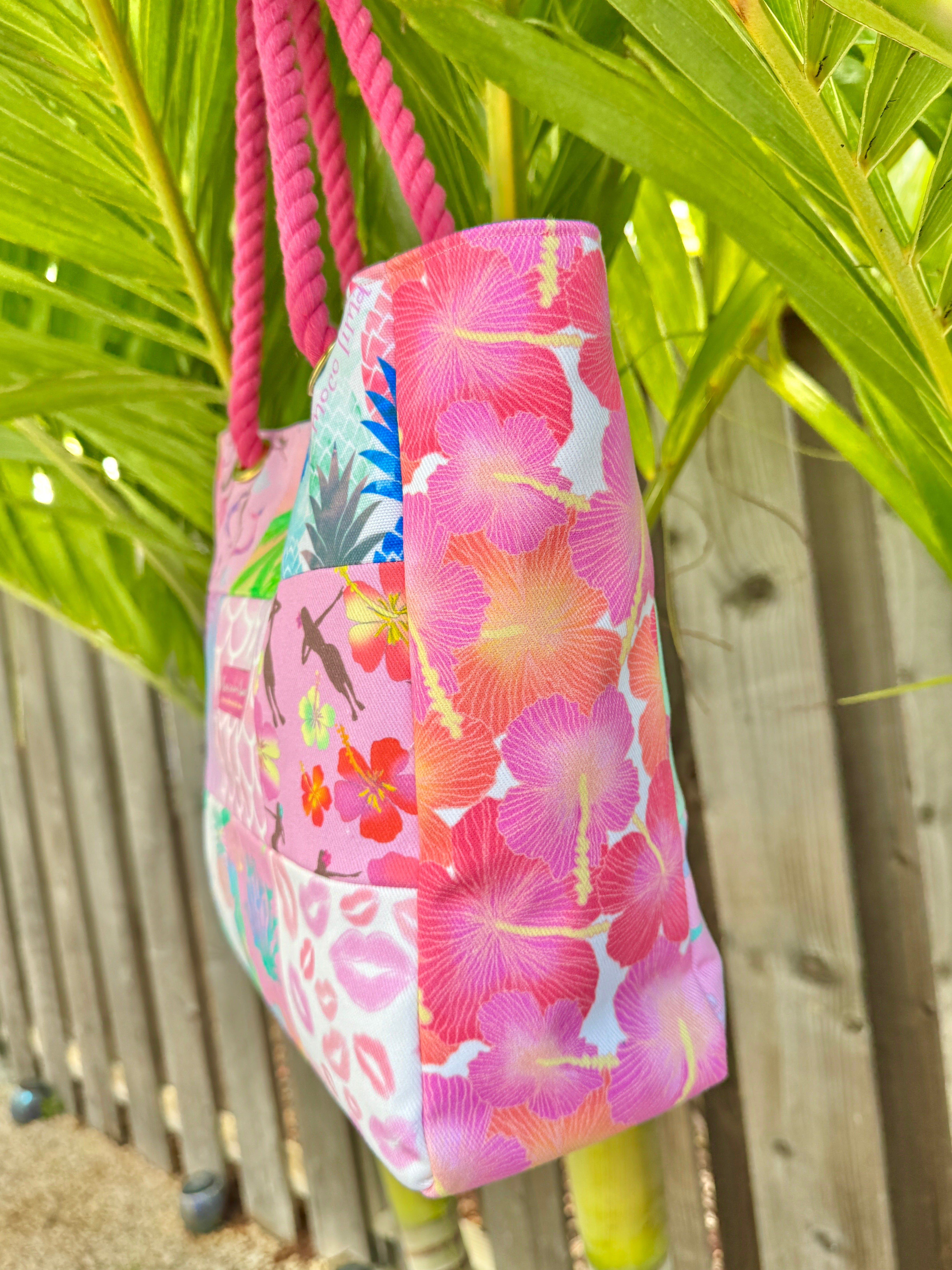 Mix tote bag PINK ALOHA with bag keychain/ ミックストートピンクアロハ