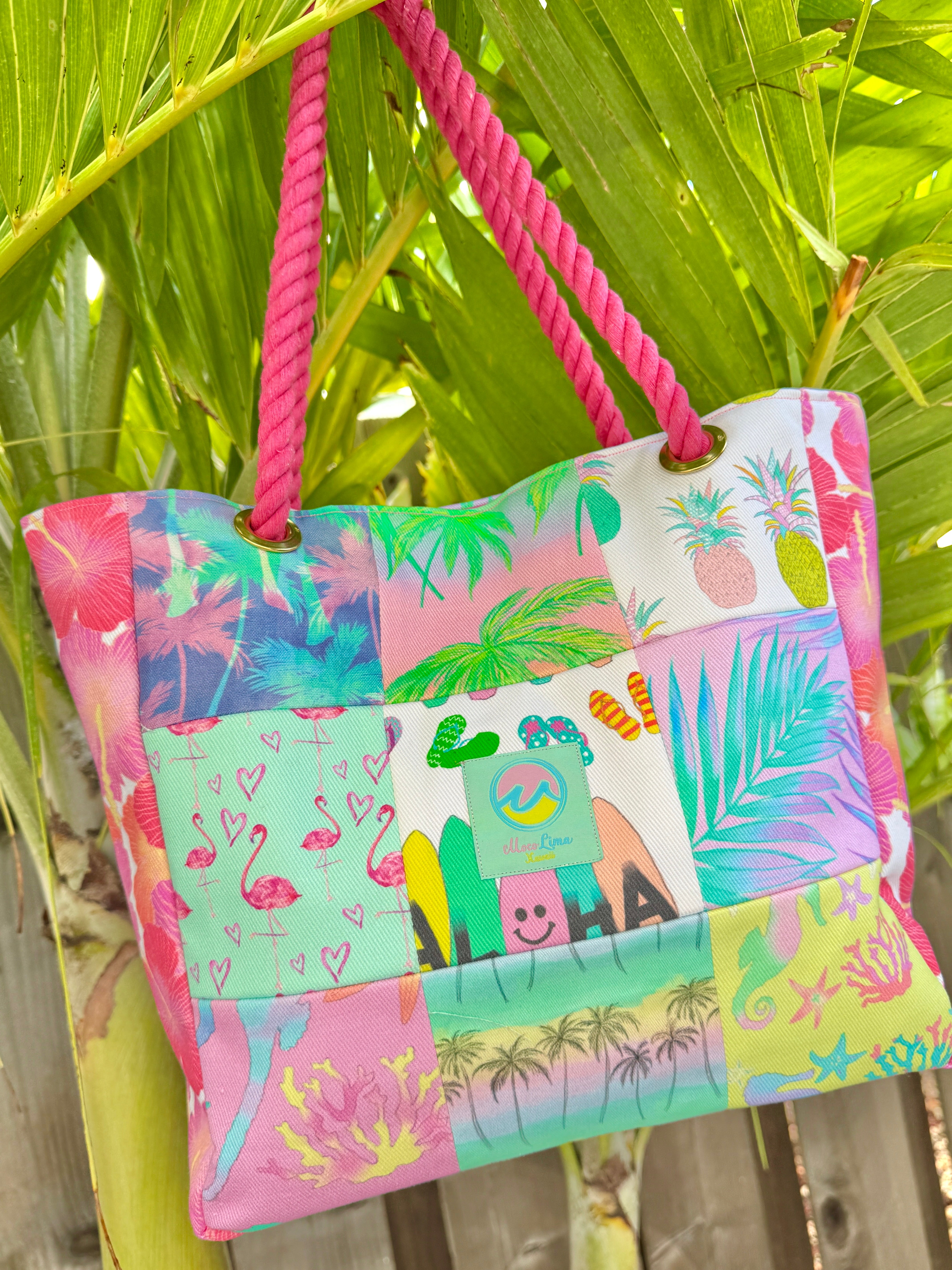 Mix tote bag PINK ALOHA with bag keychain/ ミックストートピンクアロハ