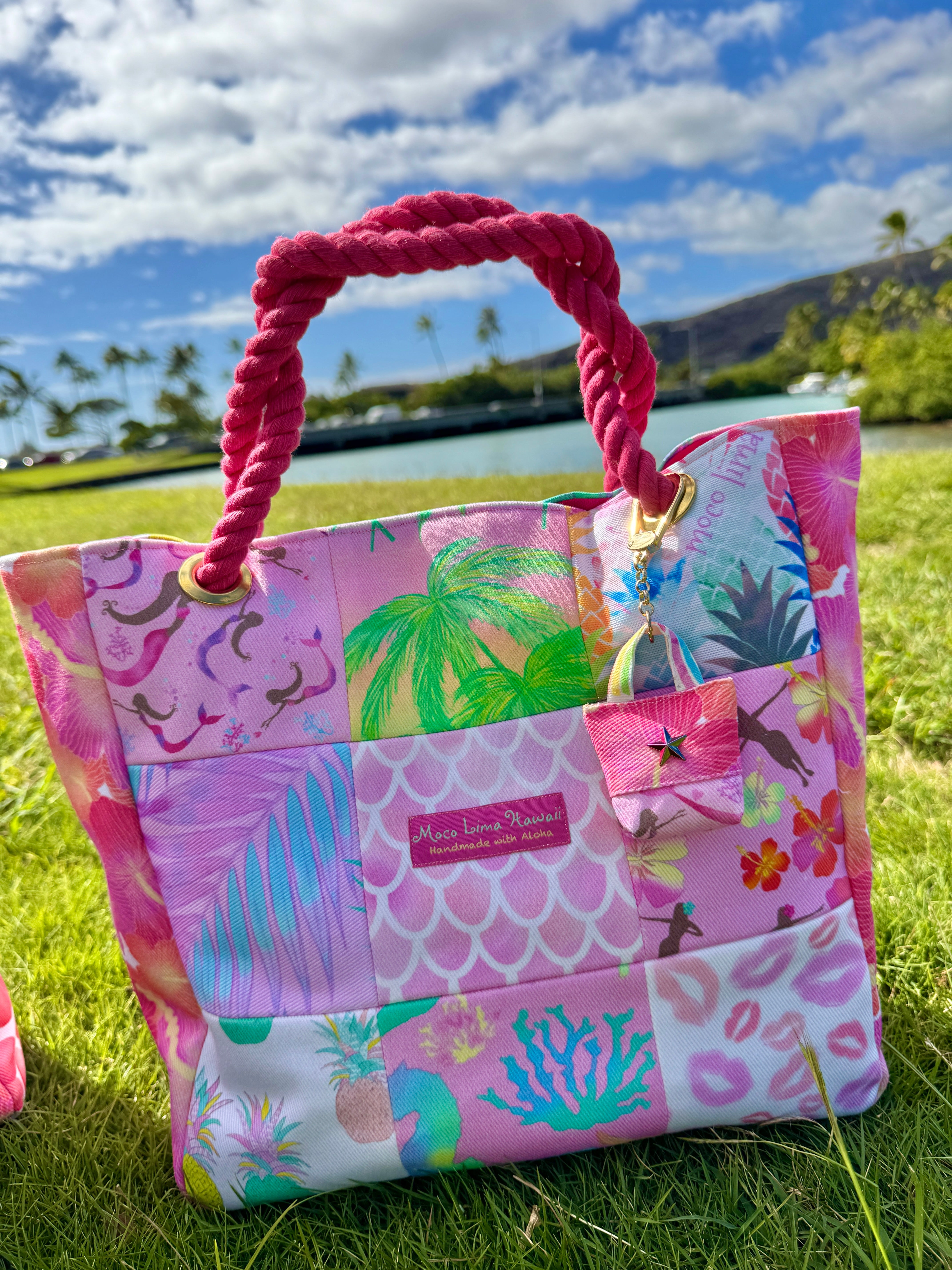 Mix tote bag PINK ALOHA with bag keychain/ ミックストートピンクアロハ