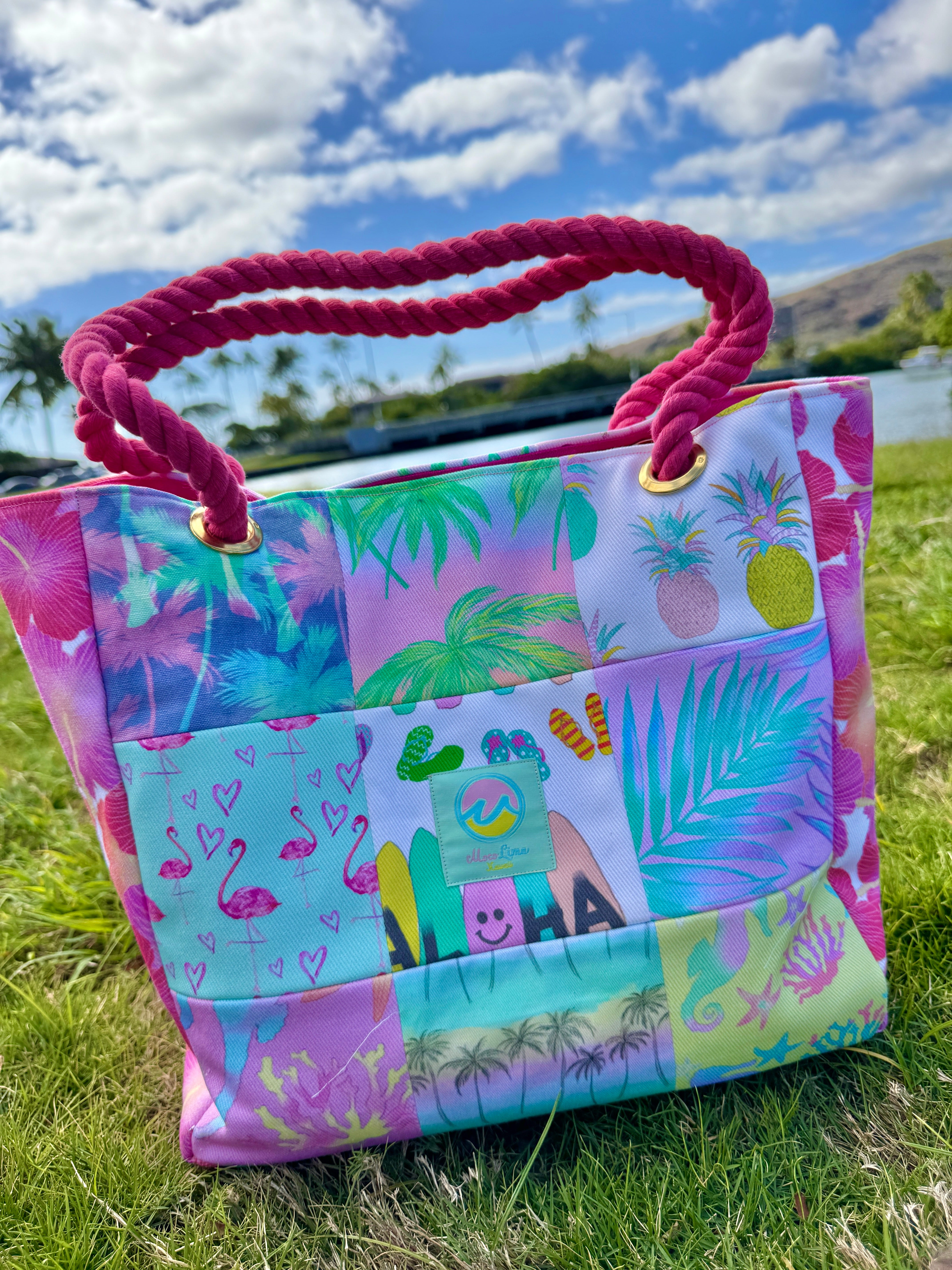 Mix tote bag PINK ALOHA with bag keychain/ ミックストートピンクアロハ